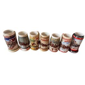 Lot of 7 Vintage Budweiser Holiday Beer Steins Mugs 80s-90s Ceramarte